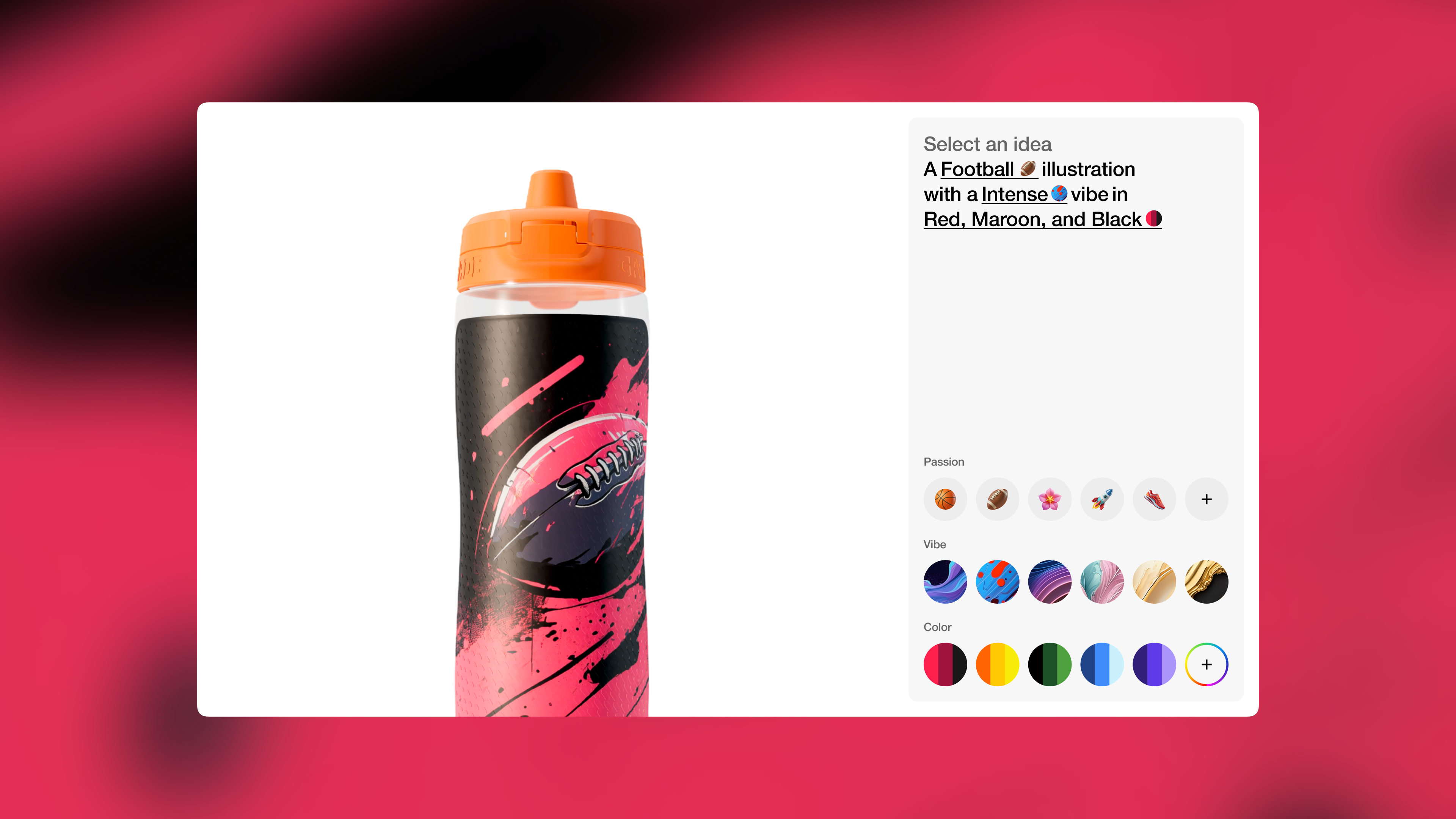 bottle customizer page featuring a bottle with a football inspired design